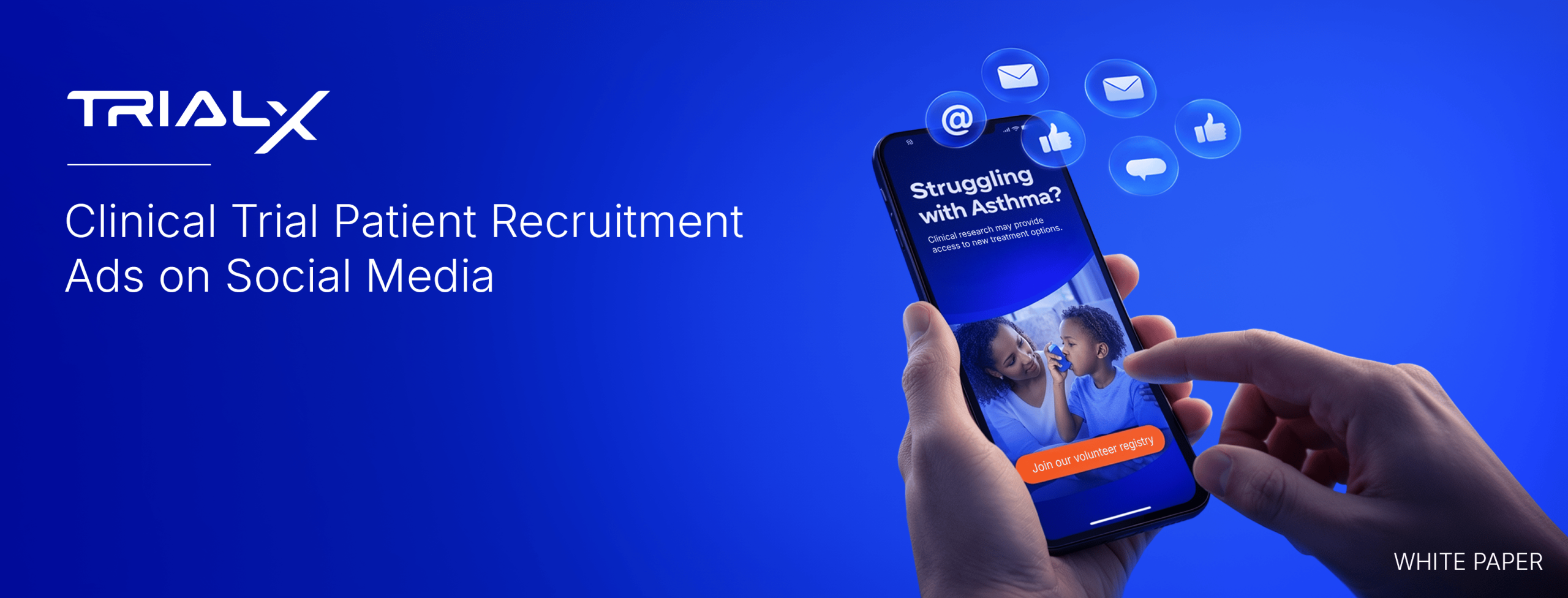Featured image for the Clinical Trial Recruitment on Social Media whitepaper showing a mobile phone displaying a clinical trial social media advertisement interface.