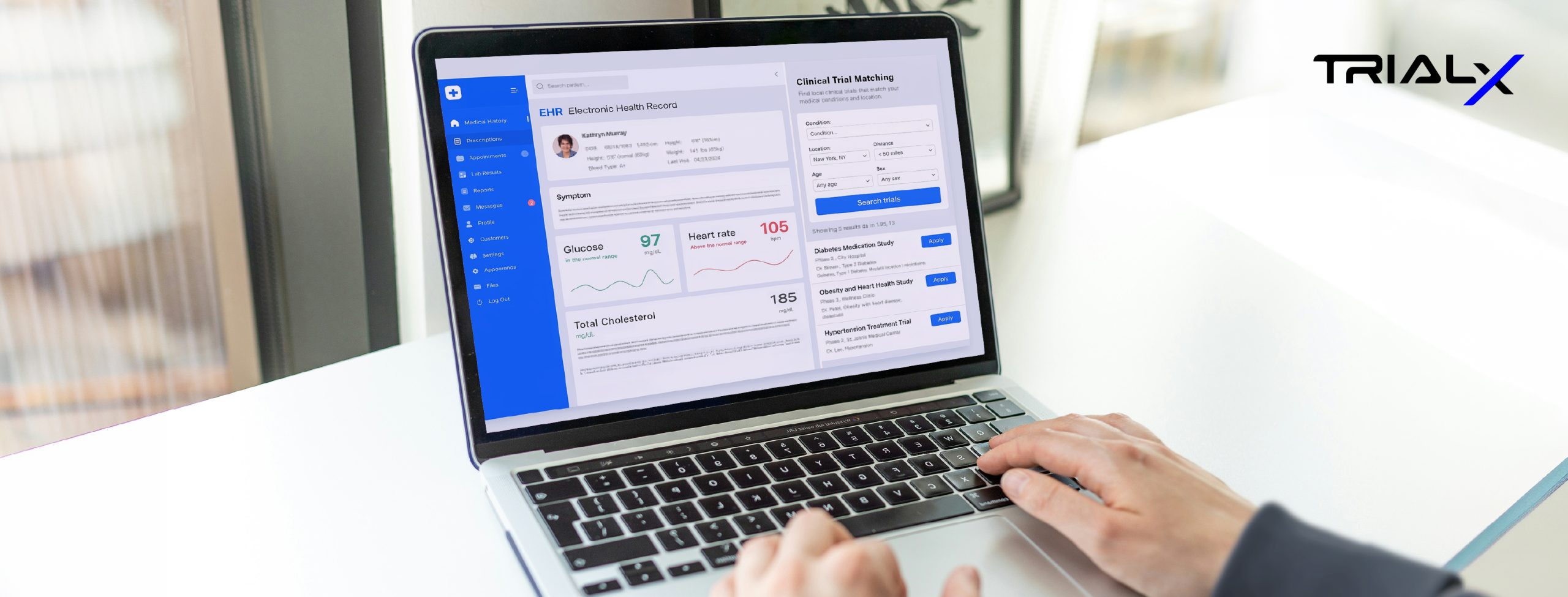 Illustration of human using AI for analyzing electronic health records to match patients with clinical trials